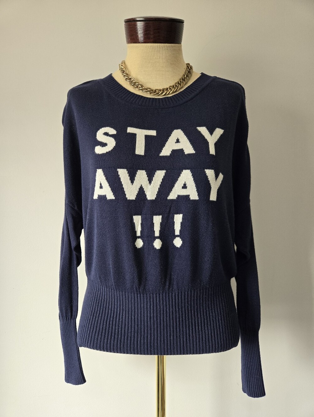 Only Crewneck Navy Sweater with White 'STAY AWAY' Graphic. Size M